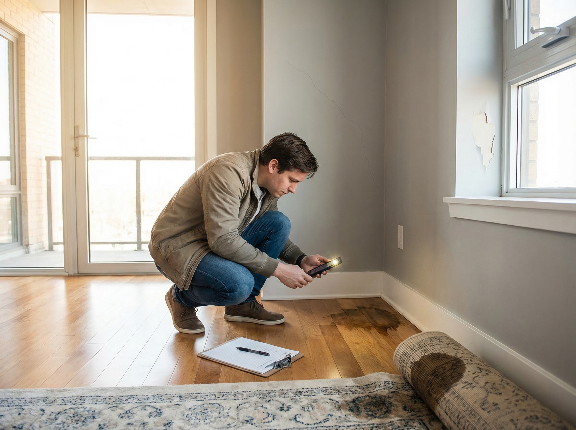 Renter carefully inspecting apartment issues before signing lease